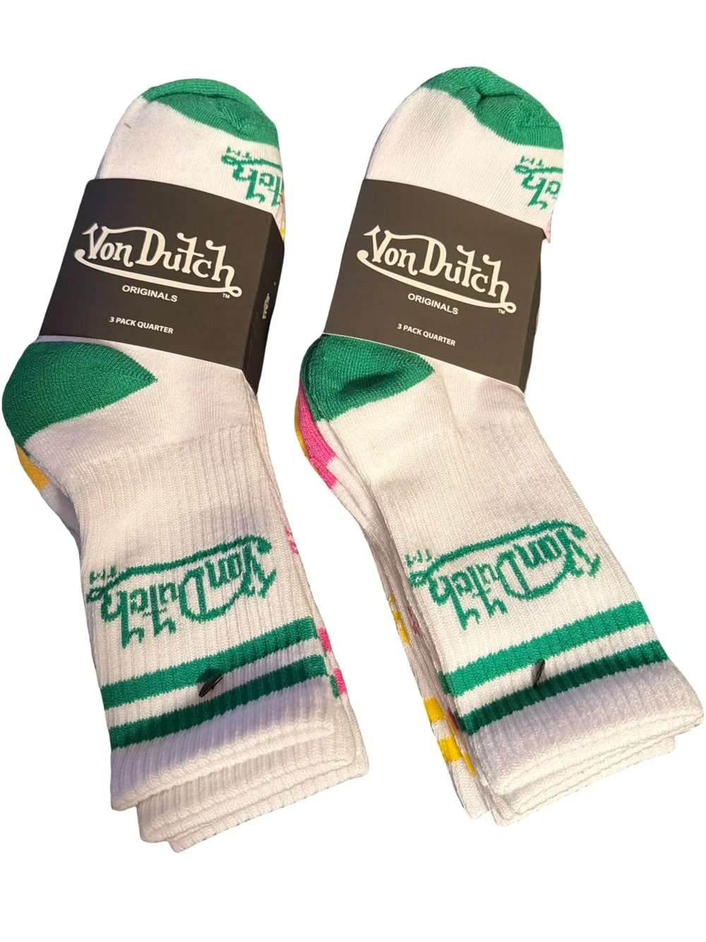 Von Dutch NWT White Crew Socks with Green, Yellow & Pink Logo and Stripes